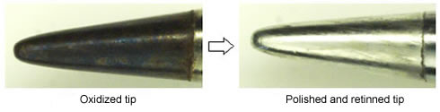 HAKKO FT-700 Tip Polisher / Tip condition before and after polishing with HAKKO FT-700 tip polisher